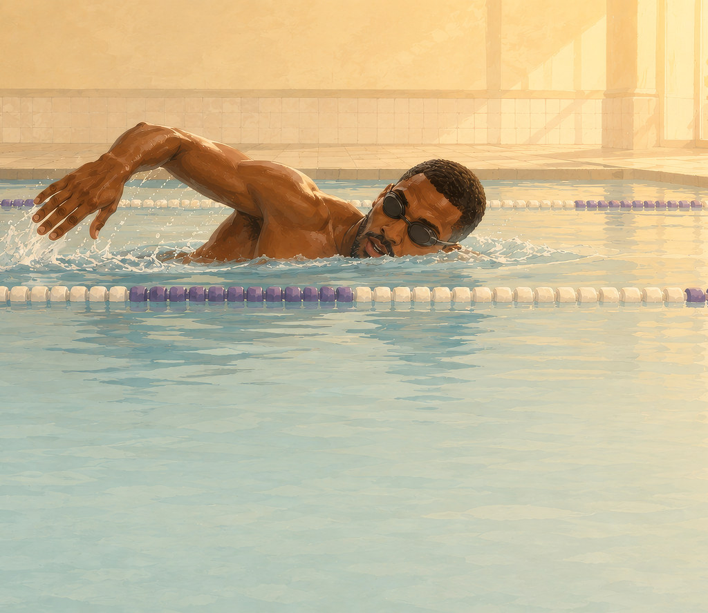 Painted illustration of a swimmer mid-stroke in an indoor pool, one arm reaching forward through the splash, morning light across the tiled wall behind.